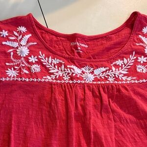 Kim Rogers XL Tangerine Peasant-Style SS Top with White Embroidery